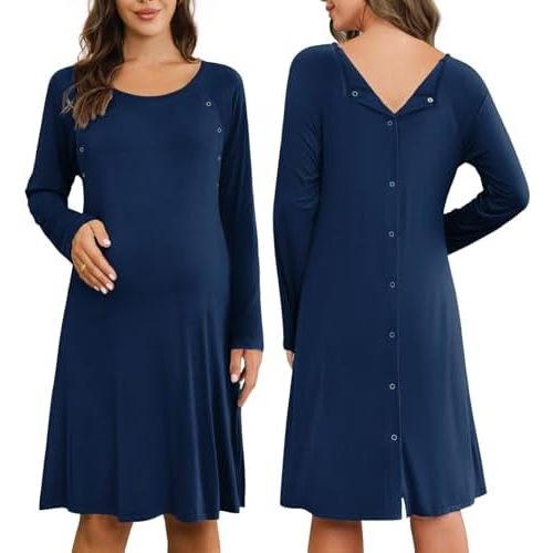 Ekouaer Women Maternity Nightgown Labor Delivery Nursing Gown Hospital Breastfeeding Dress Button Down Long Sleeve Sleepwear