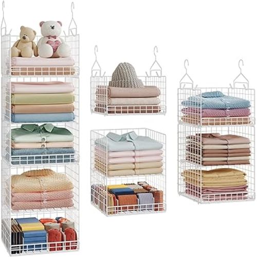 5 Tier Hanging Closet Organizer Separable Hanging Closet Shelves with 4 Hooks 2 Adjustable Dividers, Wire Storage Basket Bins for Clothing Sweaters Socks Dolls Handbags, Foldable