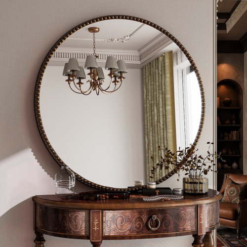 BEAUTYPEAK 28" Round Large Vintage Mirror Decorative Bathroom Mirror, Antique Bronze