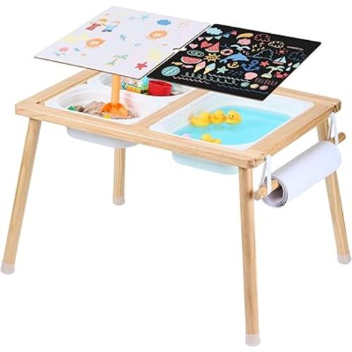 VEVOR Sensory Table, Kids Sensory Table for Toddlers, Kids Activity Desk with 3 Foldable Storage Bins & Paper Roll Holder, Wooden Toddler Activity Drawing Desk, Indoor/Outdoor Play Sand and Water