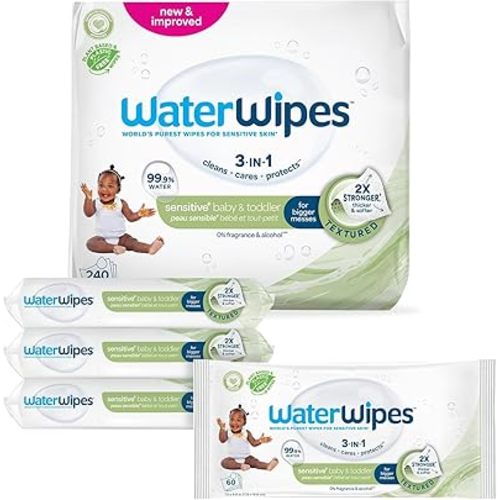 WaterWipes Sensitive+ Baby & Toddler Wipes, 3-In-1 Cleans, Cares, Protects, 99.9% Water, Textured Clean, Unscented & Hypoallergenic, 240 Count (4 Packs)