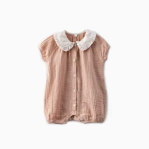 Baby Cotton Romper with Lace Collar, Vintage Baby Outfit, Muslin Baby Bodysuit, Newborn to Toddler Romper