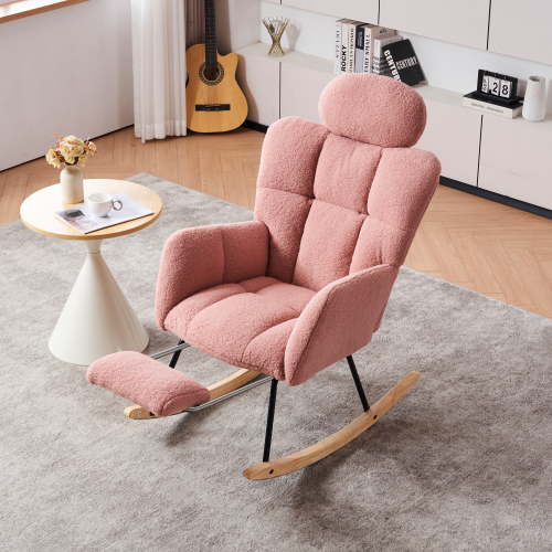 JXXRZ Nursery Rocking Chair with Headrest and Footrest, Oversized Teddy Plush & Modern Upholstered High Back, Pink