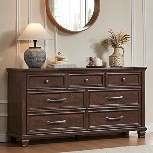 Farmhouse 7 Drawer Dresser for Bedroom, 54” Wood Dresser for Closet, Large Rustic Wooden Dressers, Chest of Drawers for Bedroom, Hallway, Entryway, Walnut
