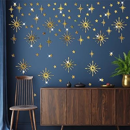 Star Wall Decals Gold Stars Wall Ceiling Decor Removable Acrylic Mirror Stickers Peel and Stick Sparkle Sticker for Walls 3D Mirror Art Murals for Boys Girls Bedroom Living Room Nursery Decorations