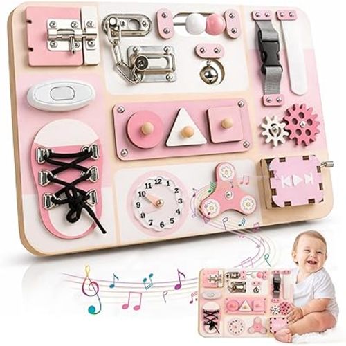 Montessori Busy Board for Baby & Toddlers 1-3 - Wooden Sensory Activity Board with 13 Activities, Real Metal Locks & Latches - Fine Motor Skills Educational Toy for 1 2 3 Year Old - Travel Friendly