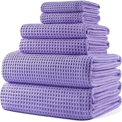 POLYTE 430 GSM Microfiber Quick Dry Lint Free Oversize Bath Towel Set, 6 Piece (Waffle Weave)
