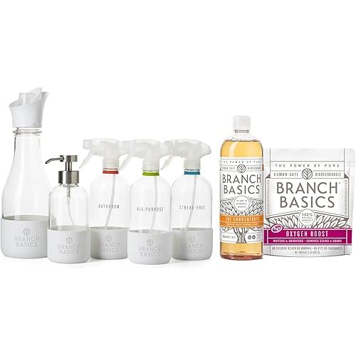 Branch Basics Premium Starter Kit in Glass: All Purpose Cleaner, Glass Cleaner, Bathroom Cleaner, Wash Bottle, and Laundry Bottle (3 Glass Spray Bottles + Concentrate) Fragrance-Free