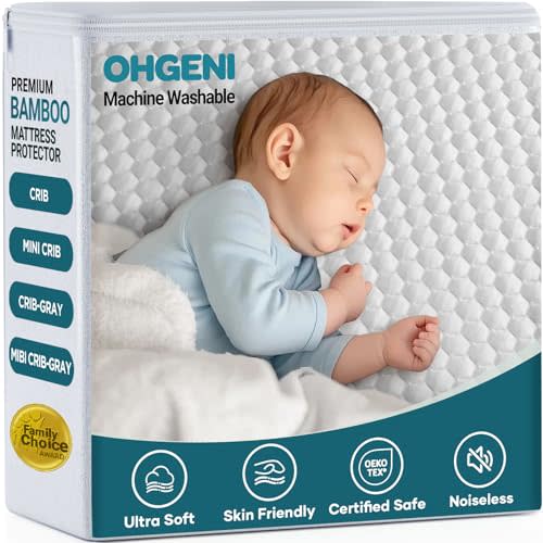 OhGeni 100% Waterproof Mattress Protector, Mini Crib Size Mattress Pad, Fits 3"-5" Mattresses with Deep Pocket, Cooling, Breathable Fitted Sheets, Soft Bed Cover, Noiseless, Machine Washable