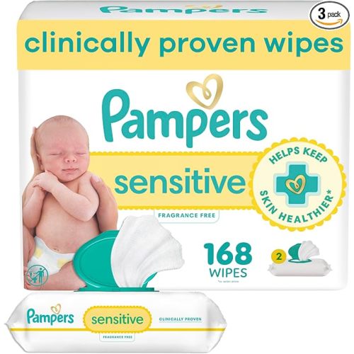 Pampers Sensitive Baby Wipes, Clinically Proven, Fragrance Free, Unscented, Water Based, Hypoallergenic Baby Wipes, Multi-Use Wipe, Hand Wipe 168 total (3X Flip-Top Packs)