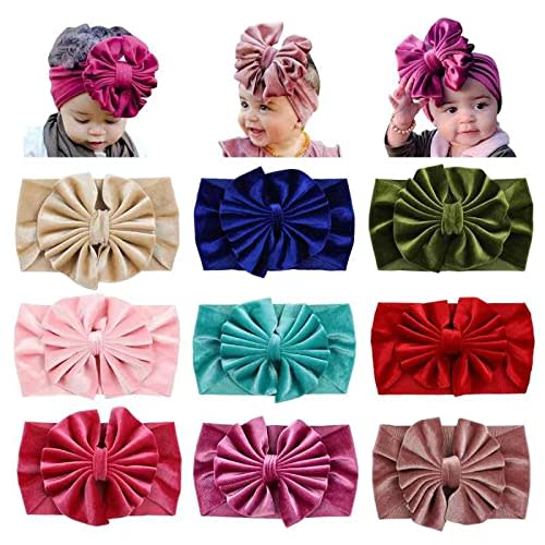 Cinaci 9 Pack Solid Soft Velvet Stretchy Knot Bowknot Hair Bows Wide Headbands Headwraps Autumn Winter Hair Accessories for Baby Girls Infants Toddlers Kids