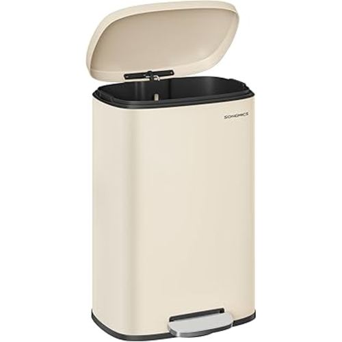 SONGMICS 13 Gallon (50 L) Trash Can, Stainless Steel Kitchen Garbage Can, Recycling or Waste Bin, Soft Close, Step-On Pedal, Removable Inner Bucket, Sand Beige ULTB050A01