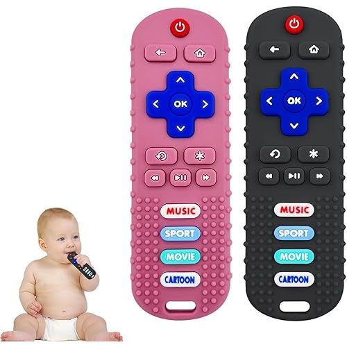 SOLIFEGOBLE 2 Pack Baby Teether Toys,Silicone Remote Teether for Babies,Baby TV Remote Toys,Infant Chew Toys for Babies Chew Toys (Black + Pink)