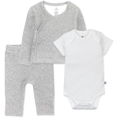 HonestBaby 3-Piece Organic Cotton Kimono Top, Footed Pant & Headband/Beanie Set for Infant Baby Boys, Girls, Unisex