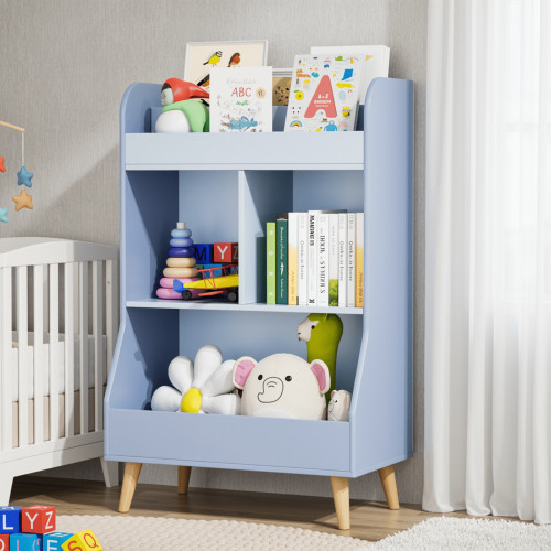 TLSUNNY Kids Wooden Bookshelf, 3-in-1 Toy Storage Organizer with 2 Tier Book Rack, 3 Open Cubbies, Toddler Bookcase, for Children Bedroom, Playroom, Nursery, School