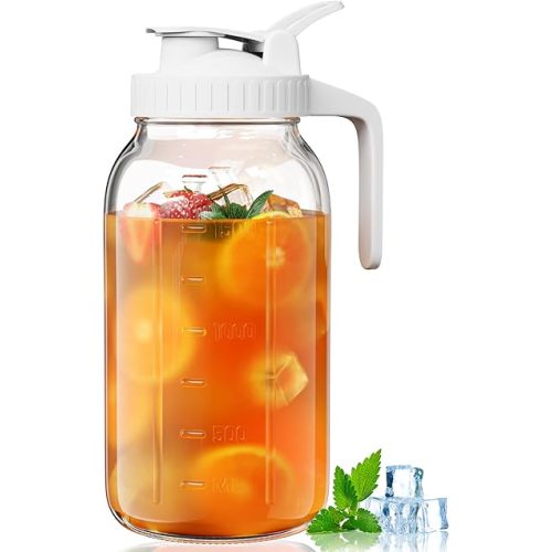 64oz Glass Pitcher, 2 Quart Mason Jar Pitcher with Lid and Spout | Wide Mouth | Airtight | Leakproof | Glass Water Jug for Juice, Sun Iced Tea, Cold Brew Coffee, Milk Storage, White