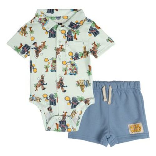 Star Wars Baby Boys' Summer Allover Print Snap Closure Bodysuit and French Terry Bottoms Outfit Mint Blue Vader Chewie 3-6 Months