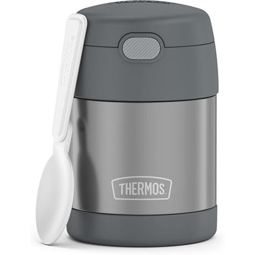 THERMOS FUNTAINER Insulated Food Jar, 10 Ounce, Kid Friendly Food Jar with Foldable Spoon, Gray