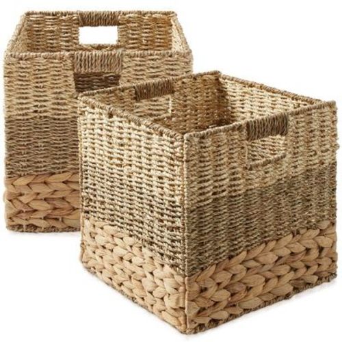 Casafield Mixed Weave Storage Baskets, Natural - Set of 2 Collapsible Cubes, Woven Bin Organizers for Bathroom, Bedroom, Laundry