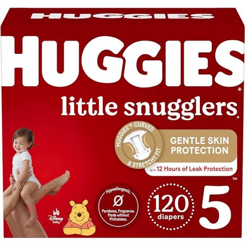 Huggies Size 5 Diapers, Little Snugglers Baby Diapers, Size 5 (27+ lbs), 120 Ct (2 packs of 60), Packaging May Vary