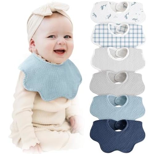 Konssy Muslin Baby Bibs 100% Cotton Absorbent Bandana Drool Bibs for Teething and Drooling, 6-Pack for Baby Boys & Girls