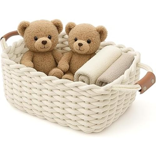 Cotton Rope Storage Basket with Leather Handles, Small Woven Nursery Organizer for Diapers, Wipes and Baby Essentials, Soft, Washable and Foldable (White, L13'' × W8.7'' × H5.9'')