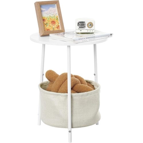 Small Round Side Table, Modern Nightstand with Fabric Basket