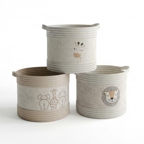 Decorative Storage Baskets With Safari Animal Prints - Set Of 3 Round Fabric Rope And Linen Organizer Bins For Or Playroom Multi-sized Easy-carry Handles Tan