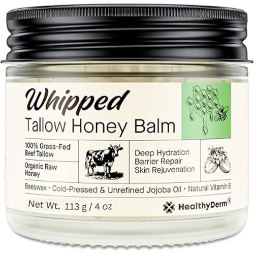 Beef Tallow Honey Balm for Skin: 100% Grass Fed Whipped Organic Moisturizer with Organic Raw Honey, Jojoba Oil, Vitamin E – Natural Face and Body Care for Mature, Dry or Sensitive Skin, 4oz