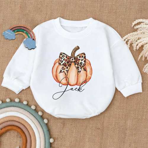 Personalized Fall Pumpkin Bow Bubble Romper Sweatshirt, Baby Girl Fall Pumpkin Outfit, Halloween Bodysuit Gift, Thanksgiving Baby Outfit
