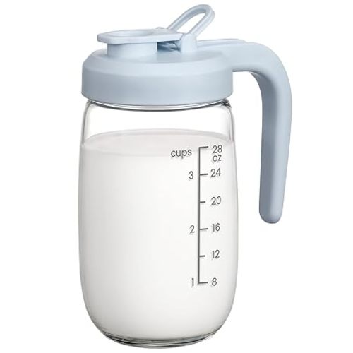 2 Pack Breast Milk Pitcher 32 OZ, Heat & Cold Resistant, Sudden Temperature Safe, Fast Baby Formula Maker with Wide Mouth, No Leak Glass Fridge Storage Container for Juice, Cold Brew-Blue, Green