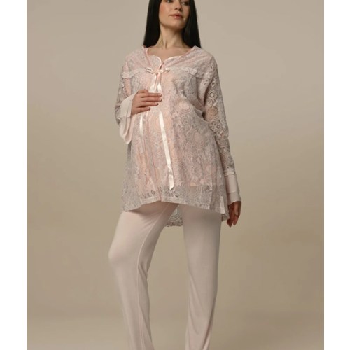 Tulle Sleeve 3-Piece Maternity-Nursing Pajama & Lace Robe Set - 23341