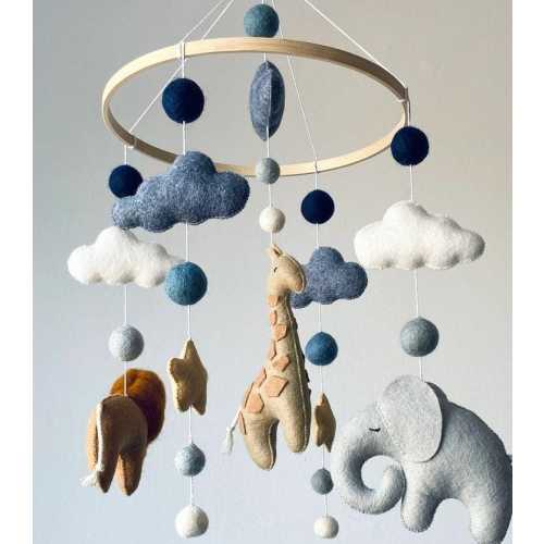 Safari Animal Baby Crib Mobile, African Animal Mobile, Elephant Giraffe Nursery Decor, Blue Neutral Felt Mobile, Handmade Baby Shower Gift