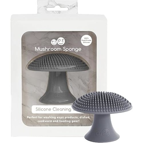 ezpz Mushroom Sponge (Gray) - Odor-Resistant Kitchen Sponge with Soft Bristles, Non-Slip Handle, Suction Base - Gently Cleans Pans, Dishes and Feeding Gear