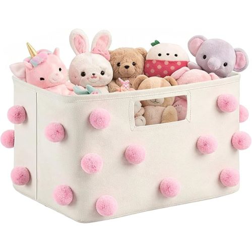 Pink Pom Pom Storage Basket 15 x 10.2 x 9.8 Inch Coquette Collapsible Cotton Canvas Basket Blanket Baskets Toy Storage Bin for Nursery Playroom Home Pink Room Organizer Decor