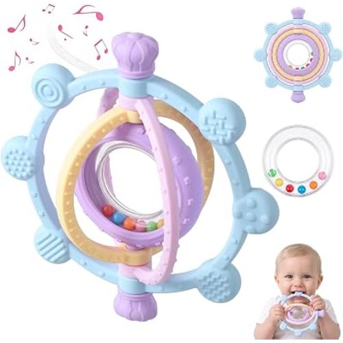 Baby Ring Teething Toys with Rattle for 3 Months+, BPA-Free, Blue
