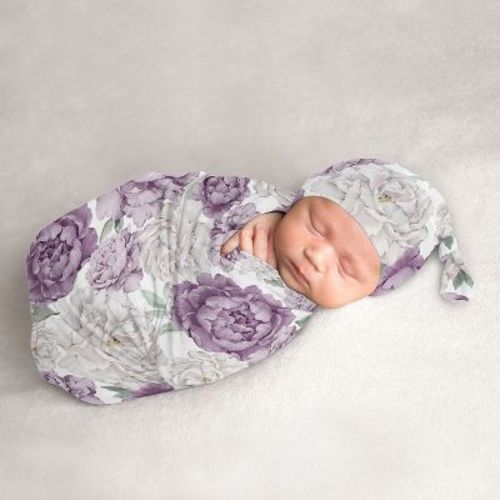 Sweet Jojo Designs Girl Baby Cocoon and Beanie Hat Swaddle Wrap Peony Floral Garden Lavender Purple and Ivory 2pc