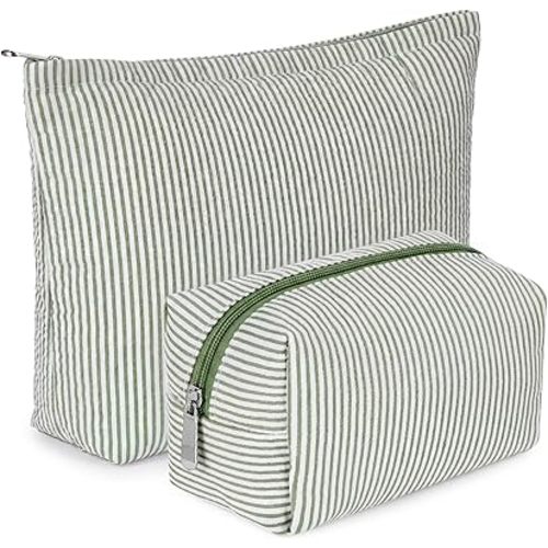 Huhumy 2 Pcs Makeup Bag Set Cute Cosmetic Pouch for Women Seersucker Travel Toiletry Bag Preppy Small Makeup Purse Pouch Aesthetic Skincare Brushes Storage Organizer for Valentine Women(Bean Green)