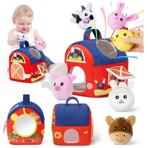 Soft Barn Baby Toys 6-12 Months with Stuffed Farm Animals, Rattle Squeaky Crinkle Sound & Mirror, Montessori Sensory Plush Infant Toy for 6 7 8 9 10 11 Month, 1 Year Old Baby Boy Girl Birthday Gifts