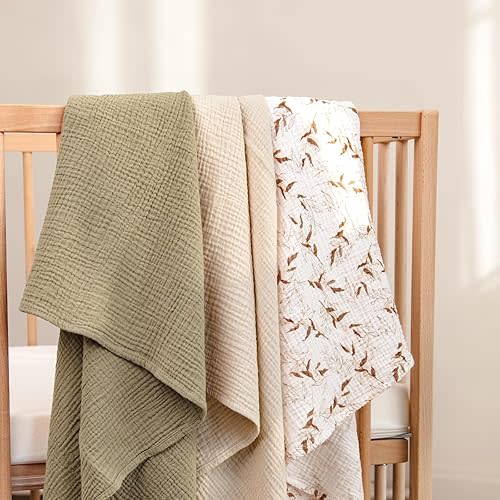lulumoon Muslin Swaddle Blankets for Baby: Lightweight & Breathable Receiving Blankets for Hospital - Neutral Registry Gift for Newborn 3pack (Olive Branches)