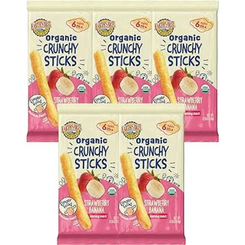 Earth's Best Organic Baby Food, Dissolvable Teething Snack for Babies 6 Months and Older, Strawberry Banana Crunchy Sticks, .56 oz Pack (Pack of 5)
