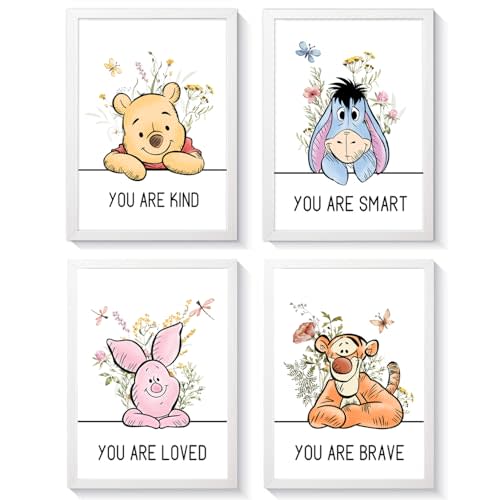 Cute Winnie the Pooh Quote Framed Wall Art Set of 4, Boho Educational You are Brave Strong Smart Kind Wooden Saying Sign, Preschool Inspirational Nursery Wall Decor for Baby Girl Kid Boy Toddlers