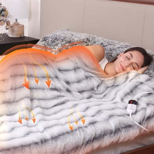 ZonLi Heated Weighted Blanket 15lbs, 60"x80" Queen Size,Fast Heating Weighted Electric Blanket with 6 Levels, 10H Timer Setting, Soft Ribbed Rabbit Fur Washable with Glass Beads-Grey