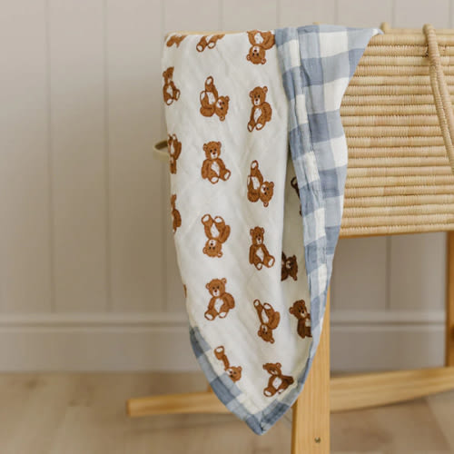 Dusty Blue Gingham + Teddy Bear Muslin Quilt – Tenth & Pine