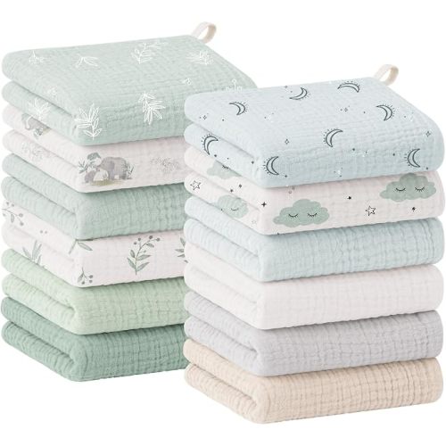 Bearmoss 12 Pack Baby Muslin Washcloths, 100% Cotton 10"x10" Face Towels