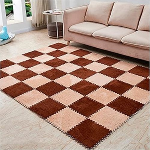 12 Pieces Thickened Plush Foam Interlocking Floor Mat,Fluffy Square Foam Tiles with 12 Edgings,Soft Anti-Slip Puzzle Area Rug Playmat for Bedroom,12X12inch,12 Tiles/11.6 Sq.Ft,Camel+Coffee