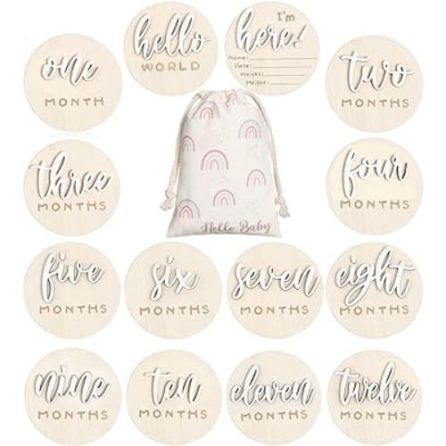 3D Baby Monthly Milestone Card Signs Baby Announcement Sign 7 Pack Double Sided Hello World Newborn Signs Wooden Circles Discs for Welcome Newborn Shower Boy Girl Photo Props(White)