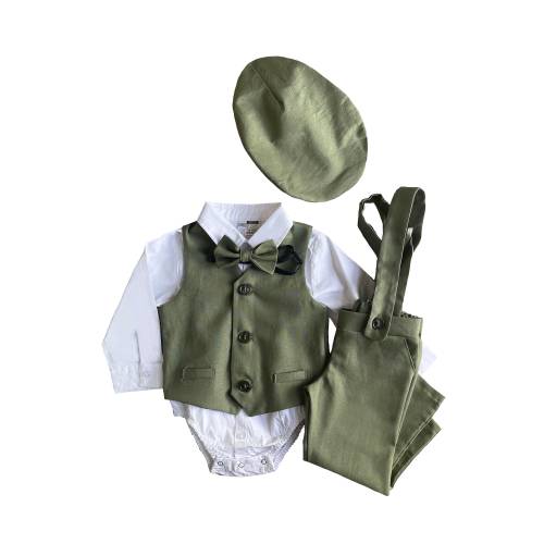 Boys Linen Vest Outfit: Vintage Style Suspender Shorts, Bowtie