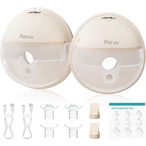 Paruu Hands Free Breast Pump P16, Wearable Breast Pump Electirc Portable with 4 Modes & 12 Levels, Max 309mmHg Strong Suction 19/21/24mm Flange Inserts Wearable Breastfeeding Pump, 2 Pack（Nude