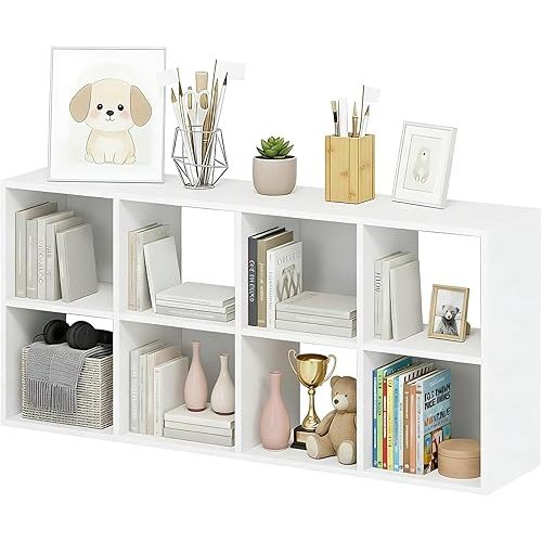 8-Cube Storage Organizer, White Bookshelf with Open Compartments for Home Office, Modern Bookcase Display Shelf for Living Room, Bedroom & Entryway